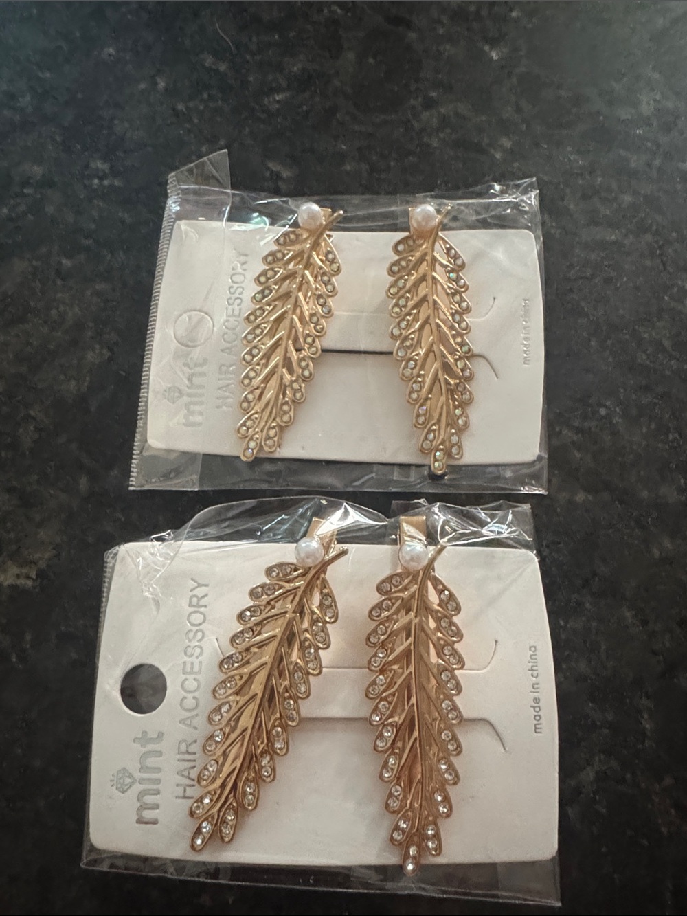 Mint Gold Leaf Drop Hair Clips with Pearl Accents